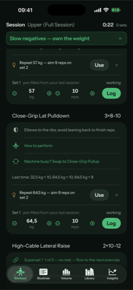 A live Grip & Balance workout session on iPhone: the current exercise with logged sets and the rest timer